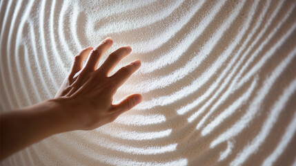 Hand touching white wall with vibrant sound wave texture, concept of sensory communication and energy