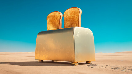 Giant gold toaster in the middle of the desert dunes under a blue sky, a concept of surrealism and abundance