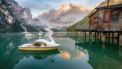 Swan Pedal Boats Floating on Lake During Sunset with Dramatic Orange Clouds