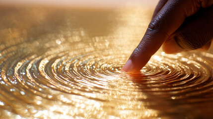 Human finger touching liquid gold surface creating concentric waves, concept of impact, fluidity and wealth