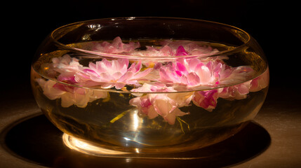 Pink lotus flowers floating in a glass bowl on a black background, concept of purity and contrast