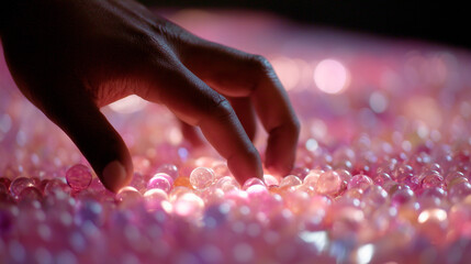 Human hand touching surface of illuminated pink hydrogel spheres, concept of sensory stimulation and tactile technology