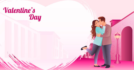Romantic couple kissing on city street. Valentine Day design with copy space. Horizontal vector illustration.