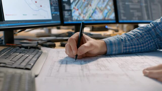 Closeup medium shot of a civil engineer drafting detailed architectural plans for urban infrastructure using advanced CAD tools.