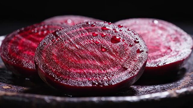 Vibrant Beetroot Slices Drenched In Fresh Dew Drops On Dark Textured Plate Culinary Still Life