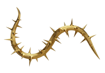 Highly polished metallic golden thorny vine with sharp points, elegantly curved on a seamless transparent background. Concept of aesthetic duality between luxury and danger
