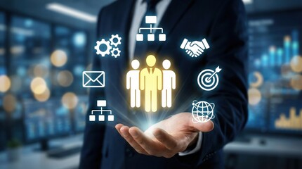 Business strategy concept with digital icons above businessman hand,teamwork,target setting,email,network and leadership in modern office