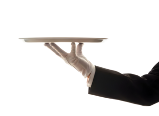 Hand holding empty silver tray isolated on transparent background