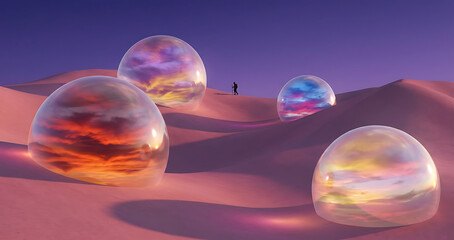 Surreal giant iridescent bubble spheres in a desert landscape at sunset