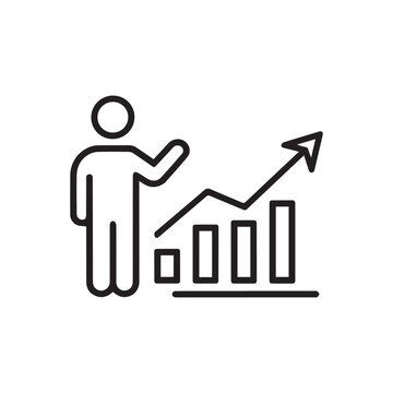 Minimalist Business Growth Icon Featuring Person Presenting Rising Bar Graph Performance Trends.