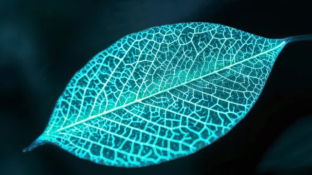 Glowing single translucent oval leaf revealing venation as backlight intensifying in macro close-up