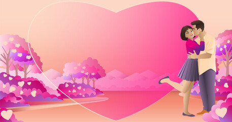 Romantic Asian couple kissing in blooming park with heart background. Valentine Day design with copy space. Horizontal vector illustration.
