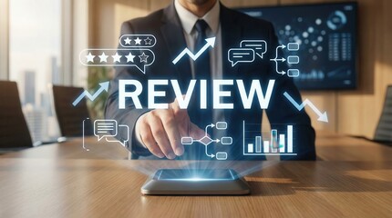 Businessman using tablet with digital review icons,customer feedback analysis and performance evaluation in modern workplace