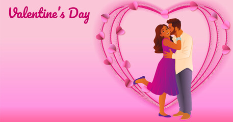 Romantic Indian couple kissing with braided heart background. Valentine Day design with copy space. Horizontal vector illustration.