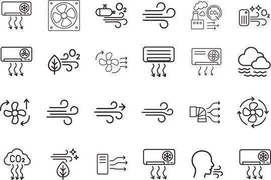   Air outline icon set with editable strokes featuring ventilation, AC, fan, wind, oxygen and pollution UI.