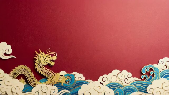 Golden dragon weaving through paper cut clouds and waves on red background for Chinese New Year holiday