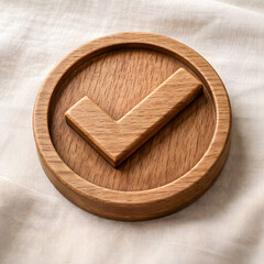 Wooden checkmark carved into round circle piece