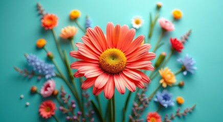 Brightly colored flowers are arranged in a vase on a blue surface