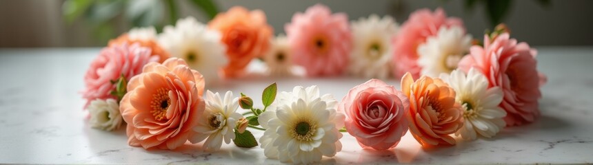 Many flowers arranged in a circle on a table