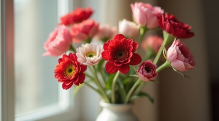 Many flowers in a vase on a windowsill