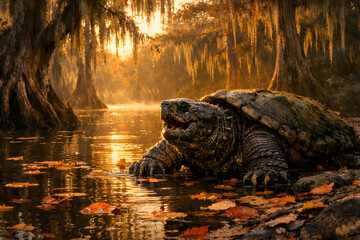 Snapping turtle in swamp water during golden hour