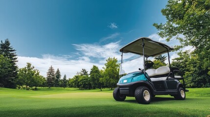 Golf Cart on Green Course Under Blue Sky.