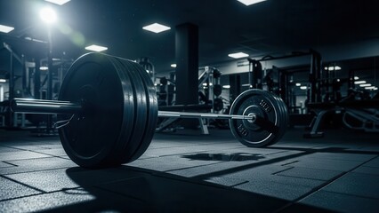 Heavily loaded barbell on the floor of a dark modern gym with dramatic lighting