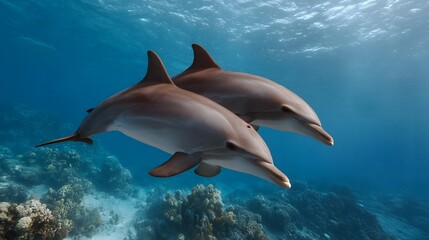 Fototapeta premium Two elegant dolphins gracefully glide through the clear blue ocean water swimming near a vibrant and sunlit coral reef