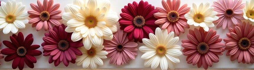 Row of red white flowers with a white background