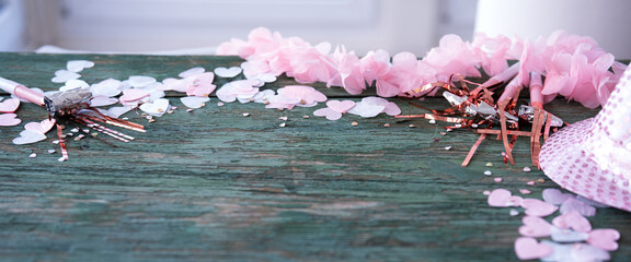 Carnival background with party decoration and accessories for celebrating on wooden shabby chic....