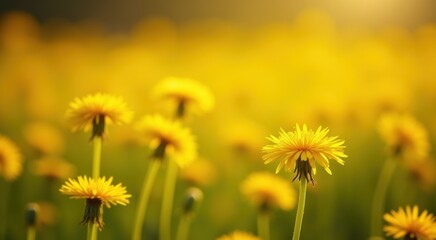 Yellow flowers in a field of green grass with a sun shining