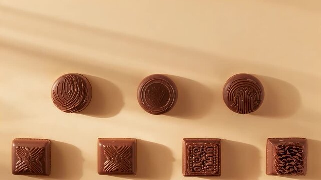 Shifting light sliding through blinds on beige table, showing gloss on chocolates, camera pushing