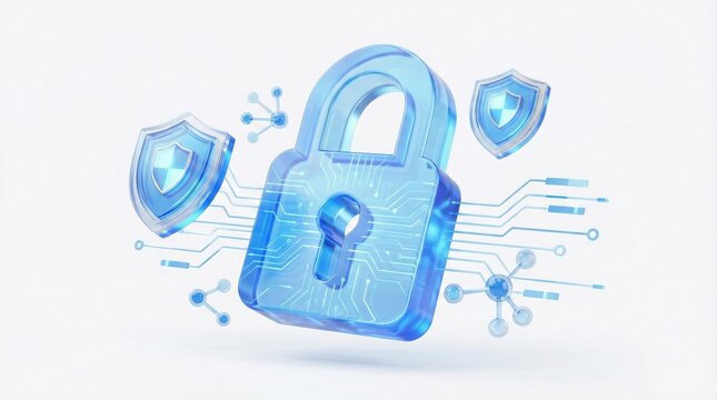 Cybersecurity protection concept with 3D blue lock and shields,digital padlock data encryption symbol,abstract tech security background - Powered by Adobe