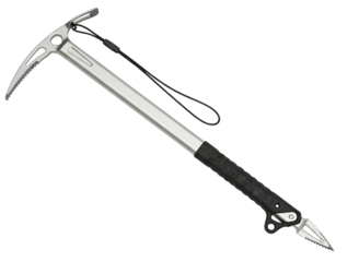 Silver ice axe for mountaineering and climbing isolated on transparent background