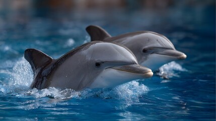 Fototapeta premium Two graceful dolphins swim and splash in the clear blue ocean water showcasing their natural beauty and playful nature