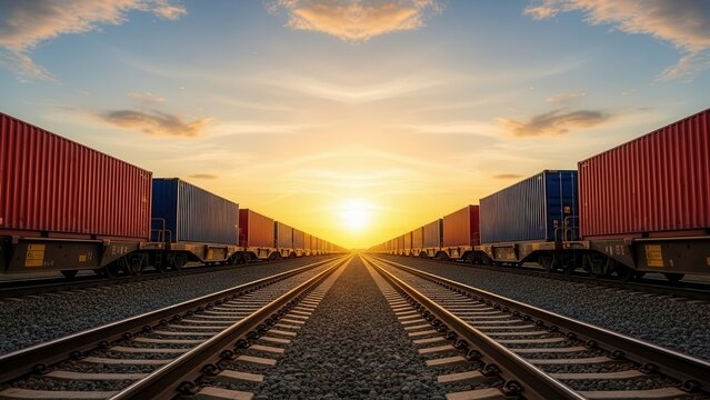 Freight trains carrying cargo containers on parallel railway tracks at sunset, symbolizing global logistics and trade.