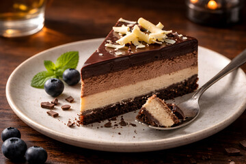Layered chocolate cheesecake with white chocolate shavings