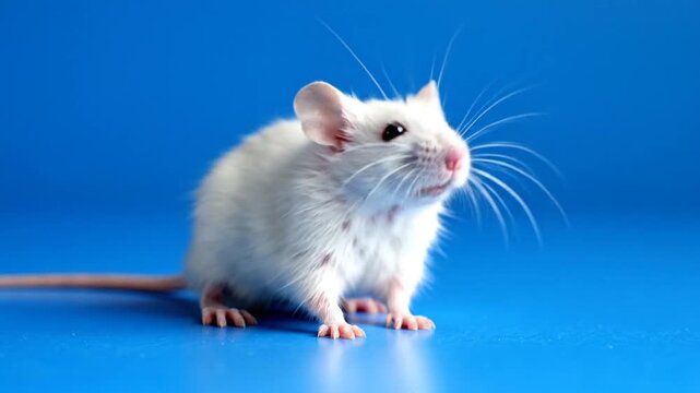 White Mouse On Blue Studio Background Closeup Portrait.