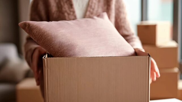 Person holding pink patterned pillow near cardboard box, 4k video