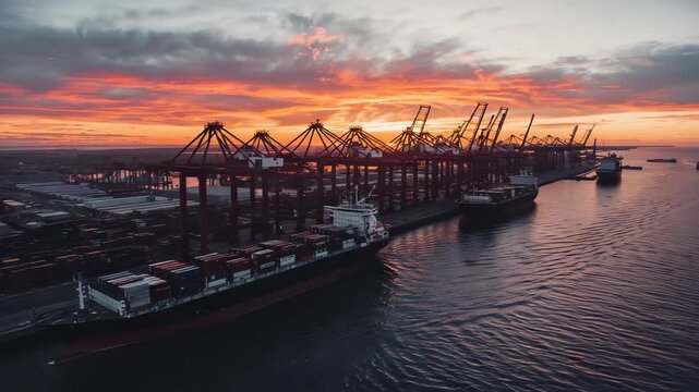 Launching drone moving forward-right over container terminal at sunset, revealing cranes and ships