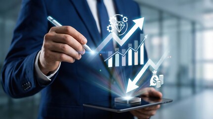 Businessman analyzing financial data with growth chart and digital icons,concept of investment,profit increase,marketing strategy and business success in digital economy