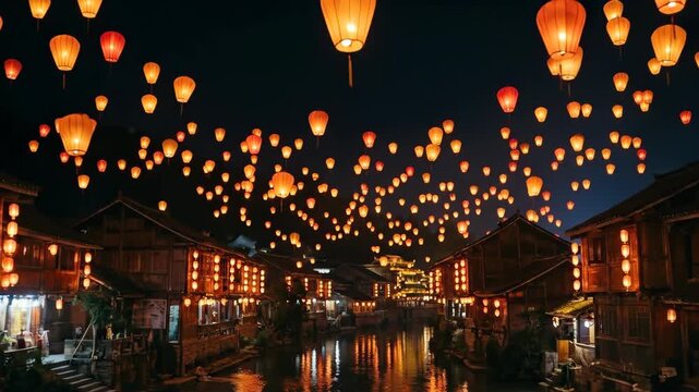 Floating Lanterns Illuminating River in Traditional Village During Night Festival