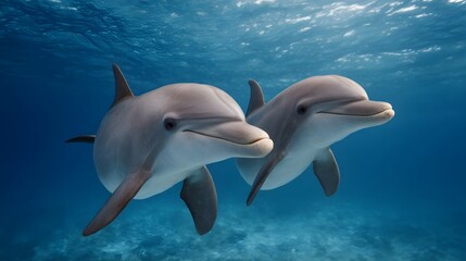 Two dolphins swim gracefully in clear blue ocean waters with sunlight filtering from above