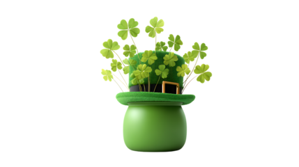 Green top hat overflowing with lush shamrocks and a tiny pot of gold isolated on transparent background