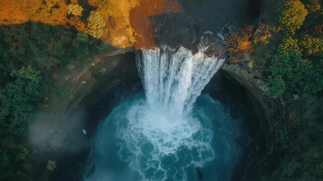 Plunging waterfall receiving river, feeding plunge pool by rocky rim from drone, mist rising