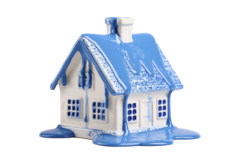 Miniature ceramic house with melting blue paint