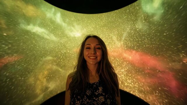Standing woman in sleeveless floral top, slowly smiling as nebula projection cycling on curved dome
