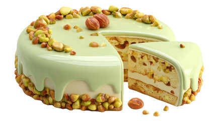 Green pistachio mousse cake with nut topping