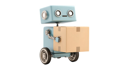 Futuristic delivery robot carrying cardboard box