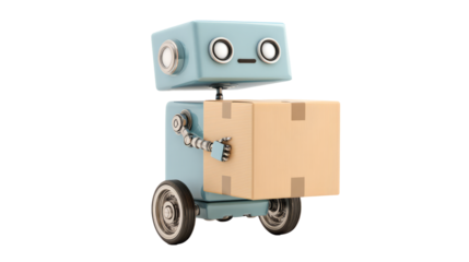 Futuristic delivery robot carrying cardboard box
